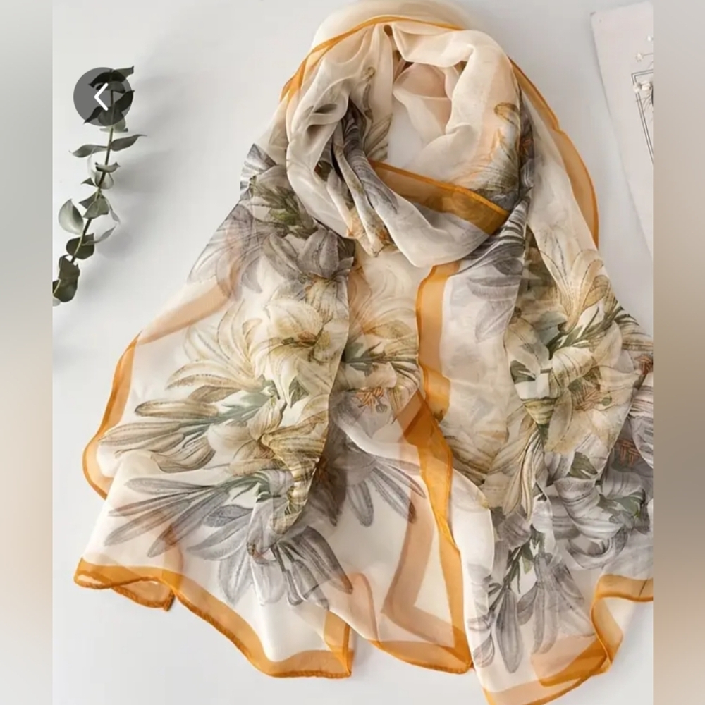 2 FOR $40NEW Butterly Yellow Lily Print Spring Summer Scarf Orange Trim-(#1,402)